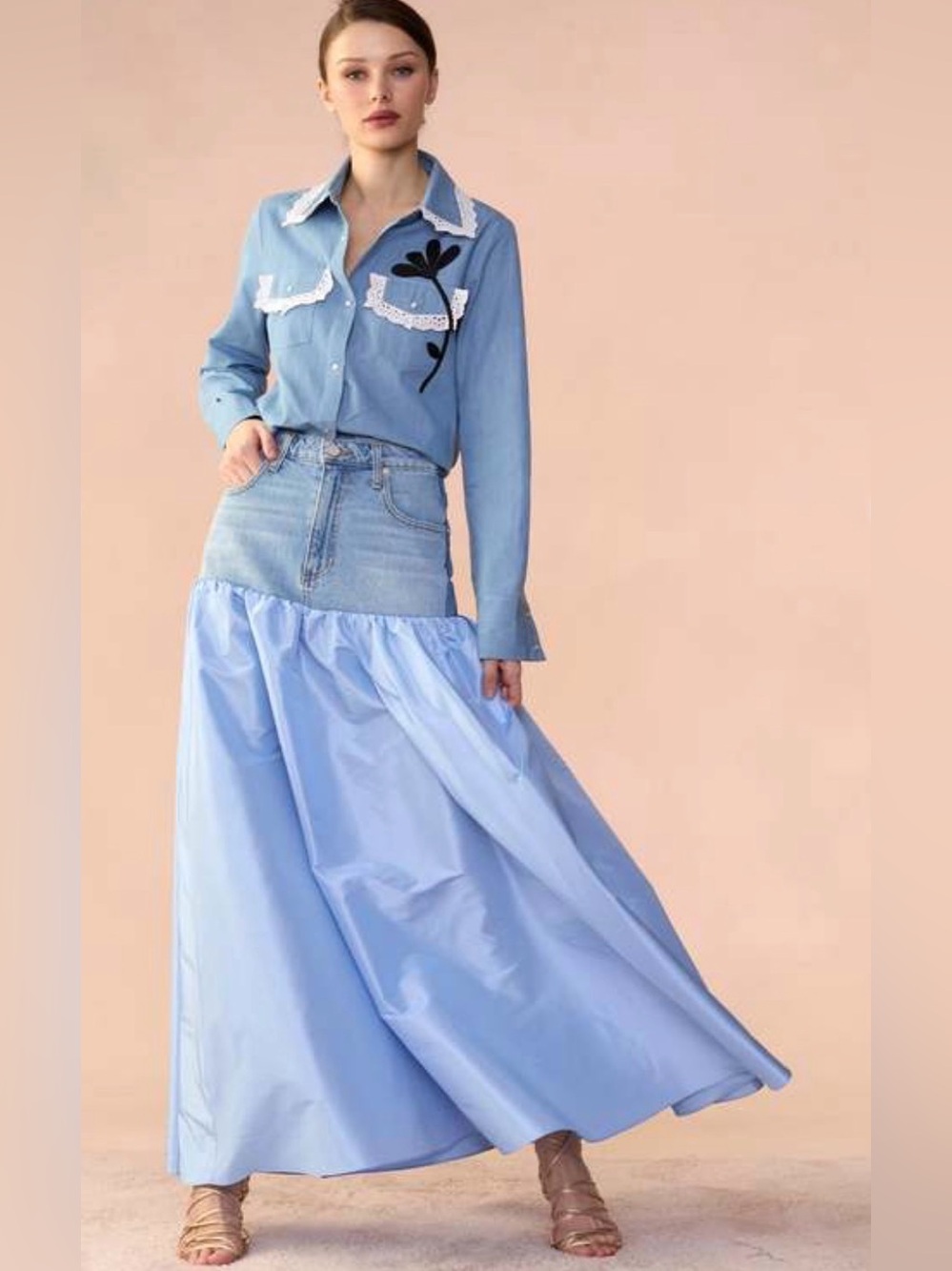 Cynthia Rowley x Midheaven Denim Deconstructed Denim Taffeta Skirt Size 26